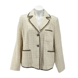 Raquel Zorraquin Campos Womens Tweed Blazer Beaded Wool Jacket 18W Cream White
